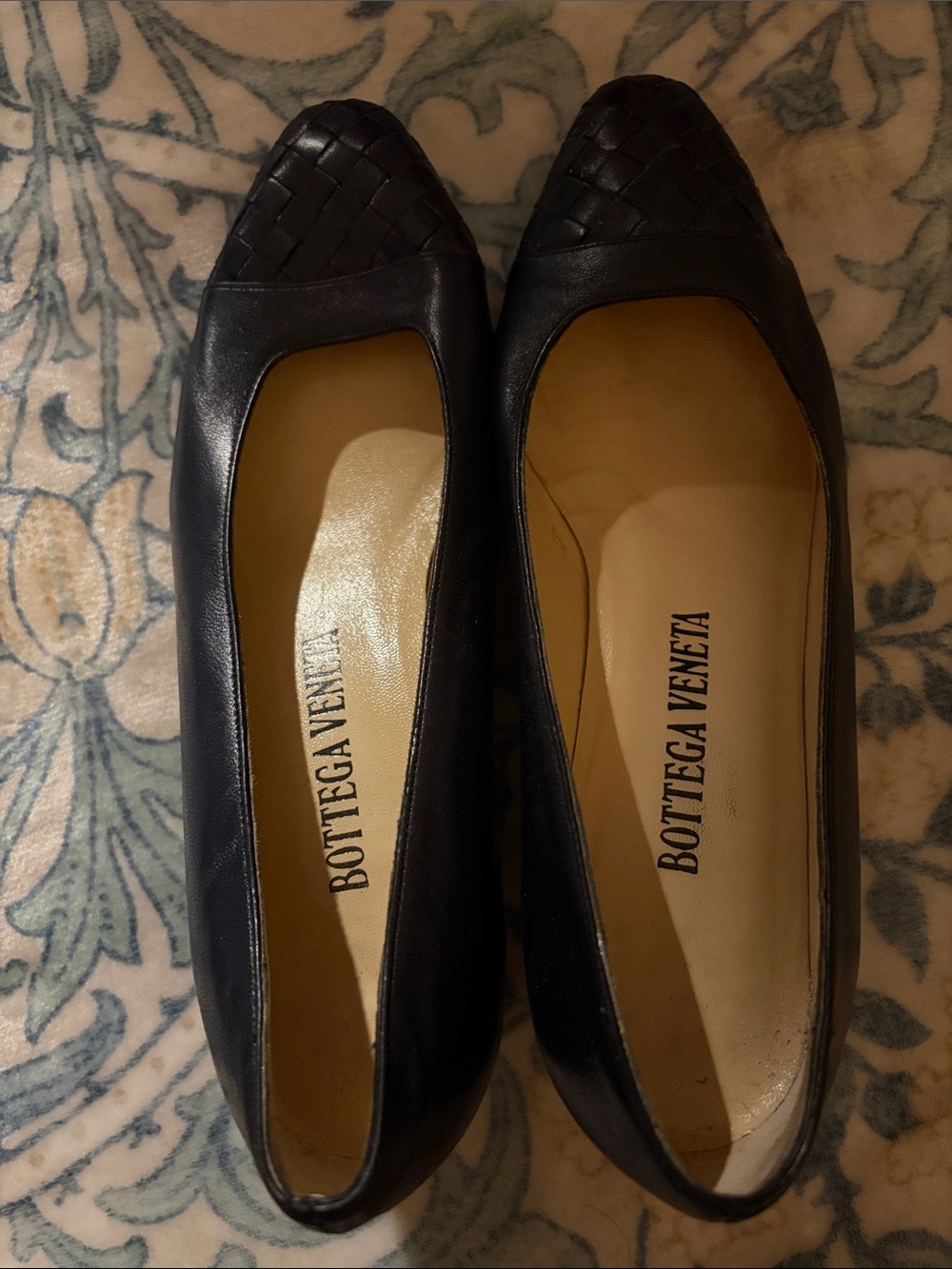 Bottega Veneta Navy Leather Woven Toe Flats